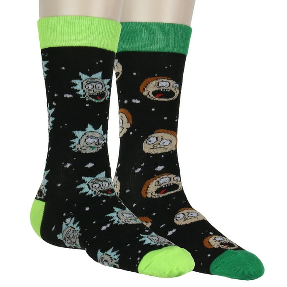 Rick And Morty Head Toss Character Expressions Casual Novelty 2 Pair Knit Mid-Calf Men's Crew Socks Fits Shoe Size 8-12