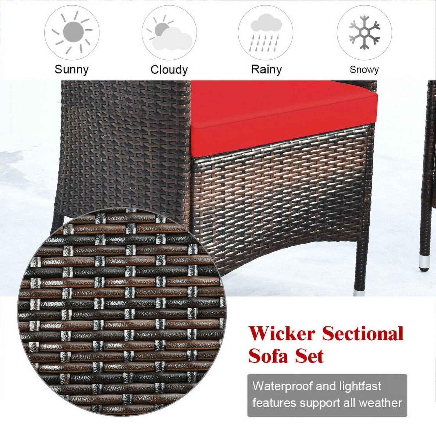 Aimee Lii 4 Pieces Patio Cushioned Wicker Conversation Set, Outdoor Sectional Set with with Glass Coffee Table, Red