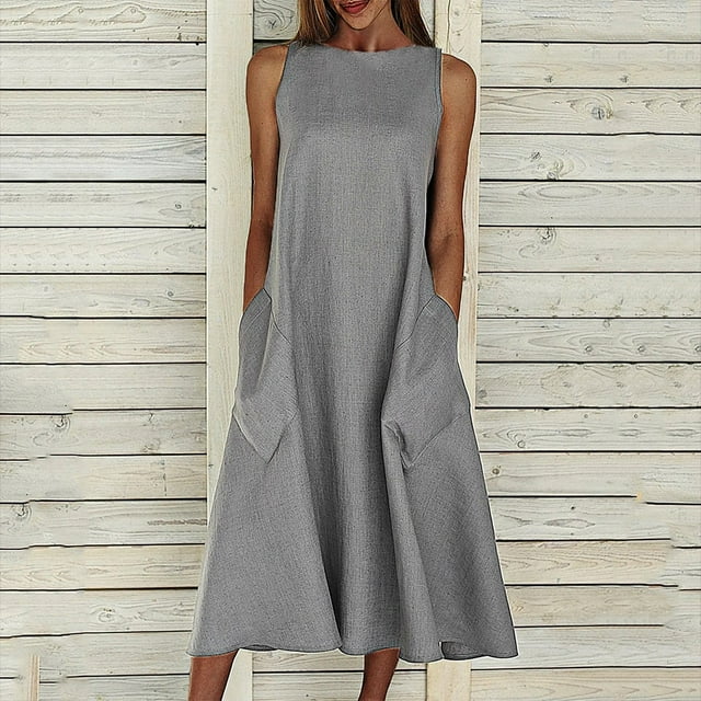 Gspmoly Robes Décontractées pour Femmes, Robe d'Été de Plage pour Femmes pour les Vacances à Col Rond avec Grande Poche, Robe Maxi, Robes de Cocktail pour Femmes Articles en Liquidation