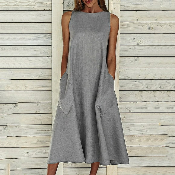 Gspmoly Summer Dresses for Women, Women Summer Beach Holiday Dress Round Neck Big Pocket Maxi Dress Party Dresses for Women Savings