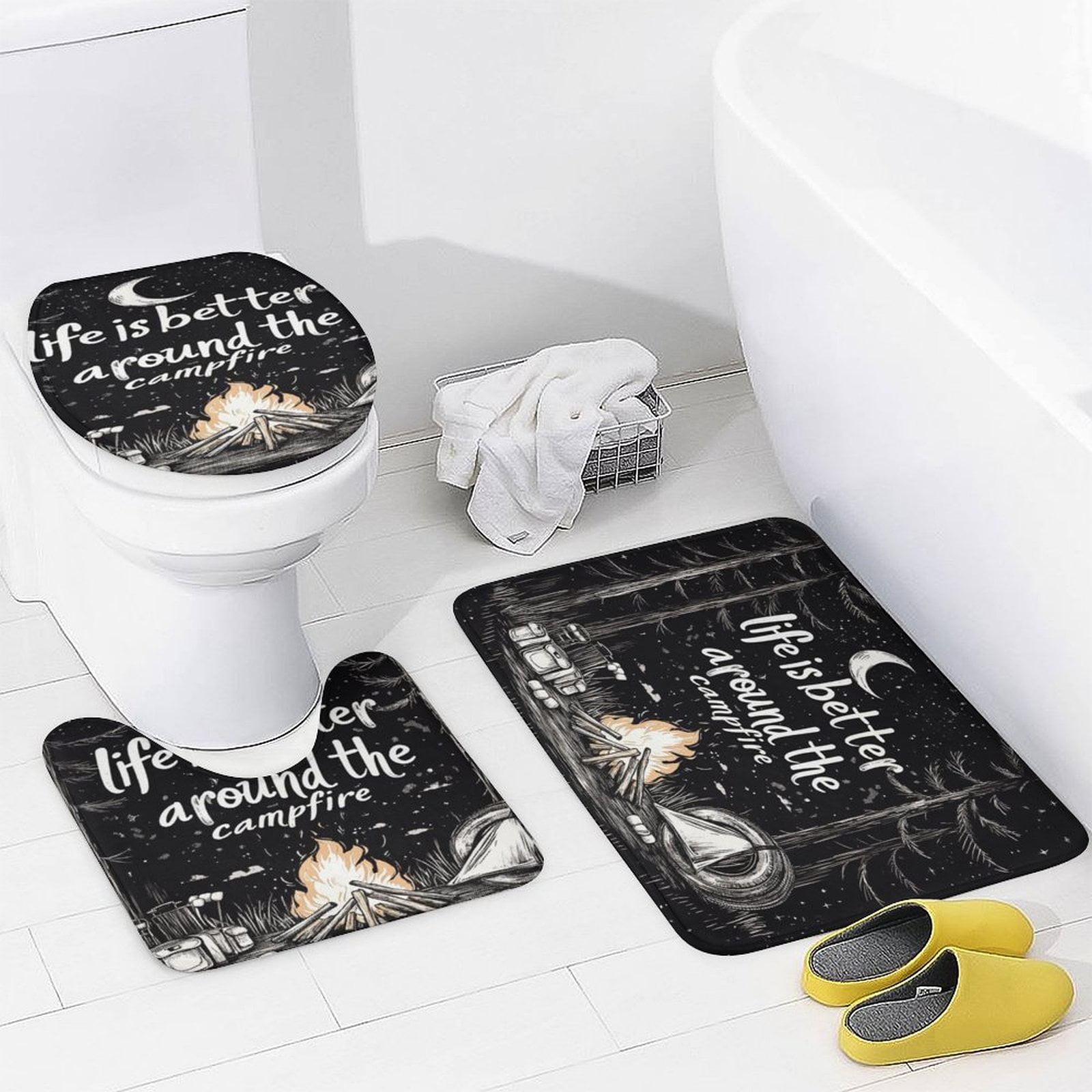 4 Piece Bathroom Rug Set with Shower Curtain Rug Toilet Lid Cover And Non-Slip U Shape Mat Life Is Better Around The Campfire Waterproof Fabric Bath Curtain Campfire Woodcut Adventure