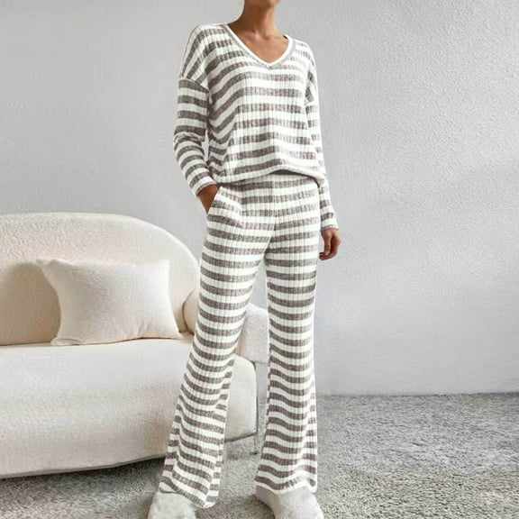 Vetsdori Womens Long Sleeve Pajamas Sets PJS Stripe Nightwear 2 Pieces Sleepwear Pants Soft,Lightweight Pajamas for Women Home