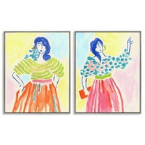 Stupell Industries Stylish Women Bright Hues People Painting Gray Framed Art Print Wall Art, 11 x 14, Set of 2