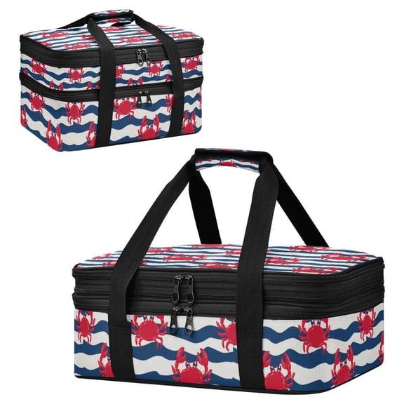Large Double Decker Insulated Casserole Carrier Expandable 2-Layer Thermal Food Tote Bag Coastal Crab Design Hot Cold Pizza Lasagna Holder for Potluck Picnic Party Camping