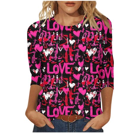 New Arrivals Women's 3/4 Sleeve Round Neck Tshirt with Valentine Heart Print Fashion Tops My Items