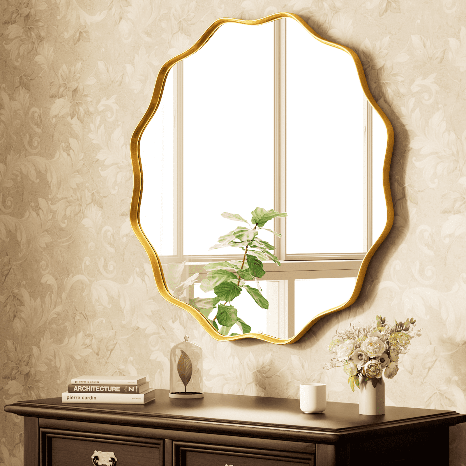 GRAHMCY 24" Wavy Round Bathroom Mirror Decorative Wall Mirror With Deep Frame, Gold