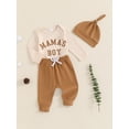 thumbnail image 3 of Suealasg Baby Boys Fall Clothes 3 6 9 12 Months Infant Boys Long Sleeve Letter Print Romper +Long Pants +Hat 3Pcs Casual Autumn Outfits for Newborn Boys, 3 of 7