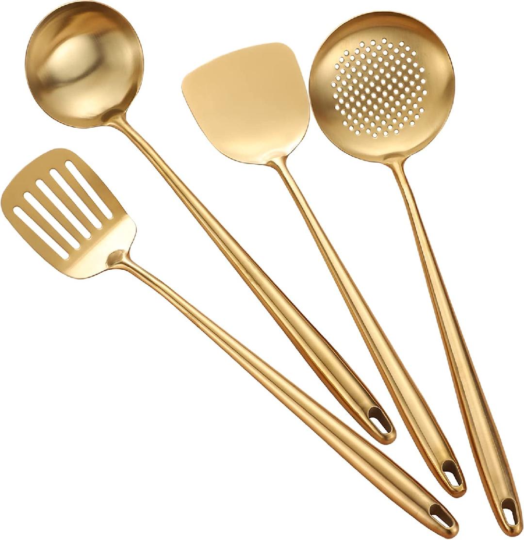 Gold Wok Spatula and Ladle Tools Set 17 Inch Wok Spatula Stainless