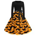thumbnail image 1 of Vestido vintage de Halloween para mujer, vestido de fiesta con estampado de murciélago y calabaza de manga larga, corte en A y cinturón, 1 of 3