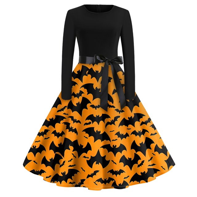 Vestido vintage de Halloween para mujer, vestido de fiesta con estampado de murciélago y calabaza de manga larga, corte en A y cinturón