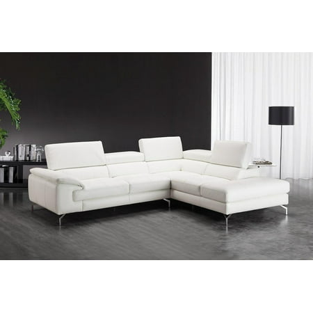 Modern White Premium Italian Leather Sectional Sofa Right Hand Chaise J&M Nila