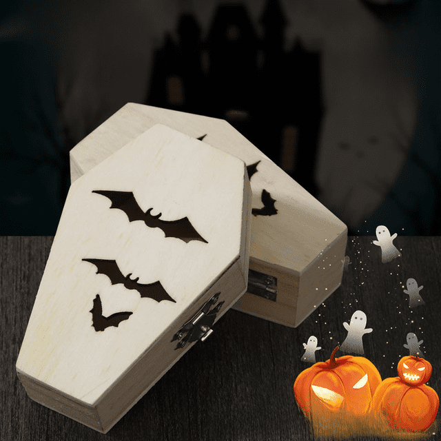 Caja de madera con forma de ataúd para Halloween, caja de madera hueca con forma de murciélago gótico y telaraña, caja de almacenamiento de joyas de estilo oscuro