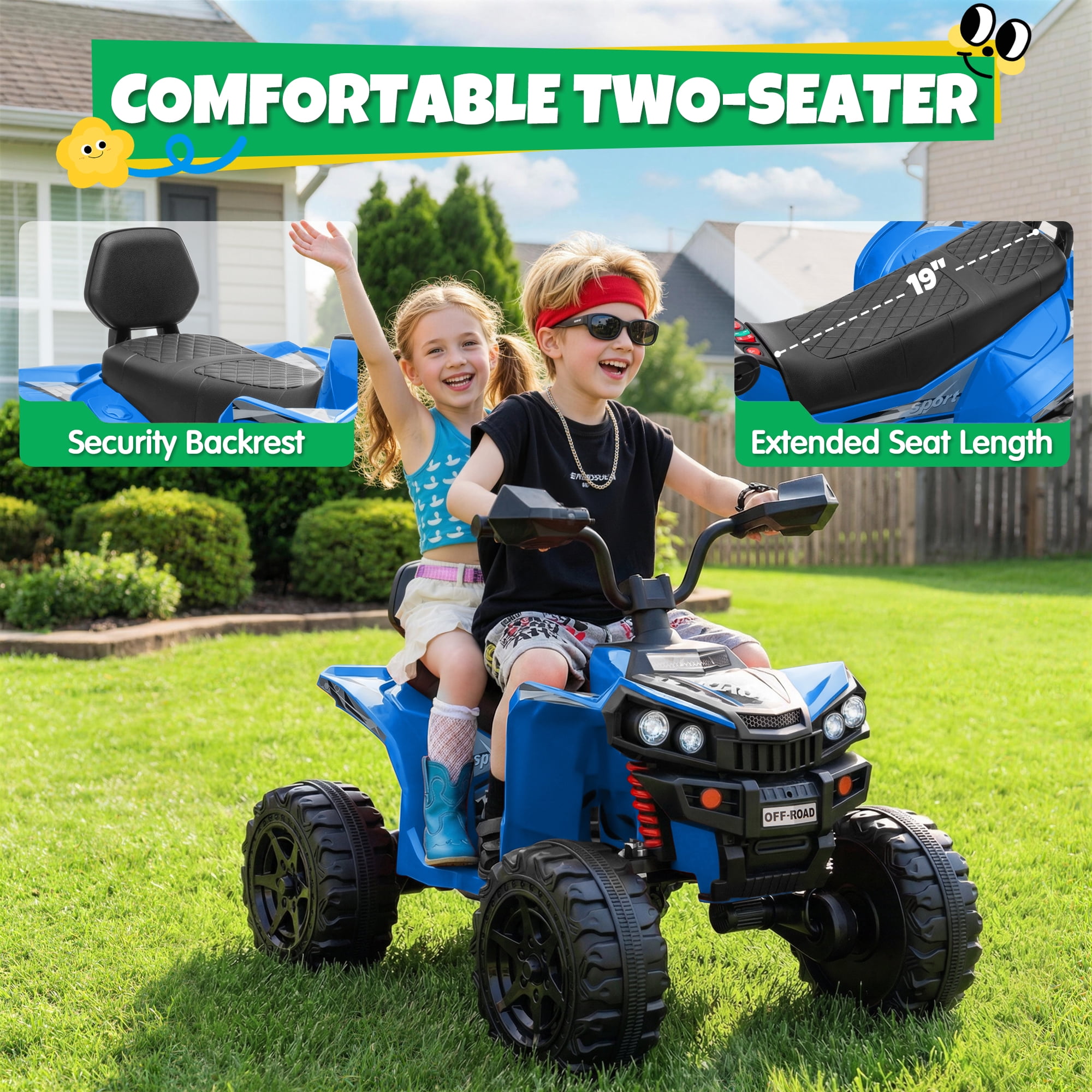 24V Kids Ride On ATV for Ages 3-8, 4WD Electric Quad with 4 Motors, Bluetooth Music, LED Lights, Spring Suspension, 3-5 km/h, 110 lbs Capacity, Battery Powered Toy for Boys Girls, Blue