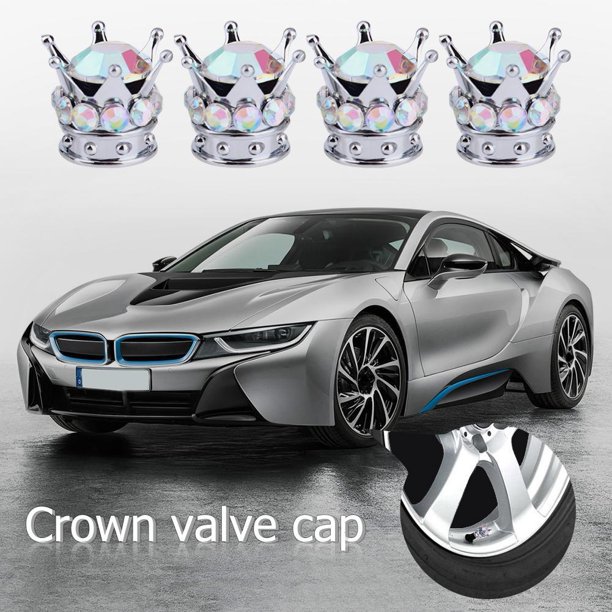 4 tapas de válvula de neumático para rueda de corona con diamantes de imitación blancos para coche (plata)