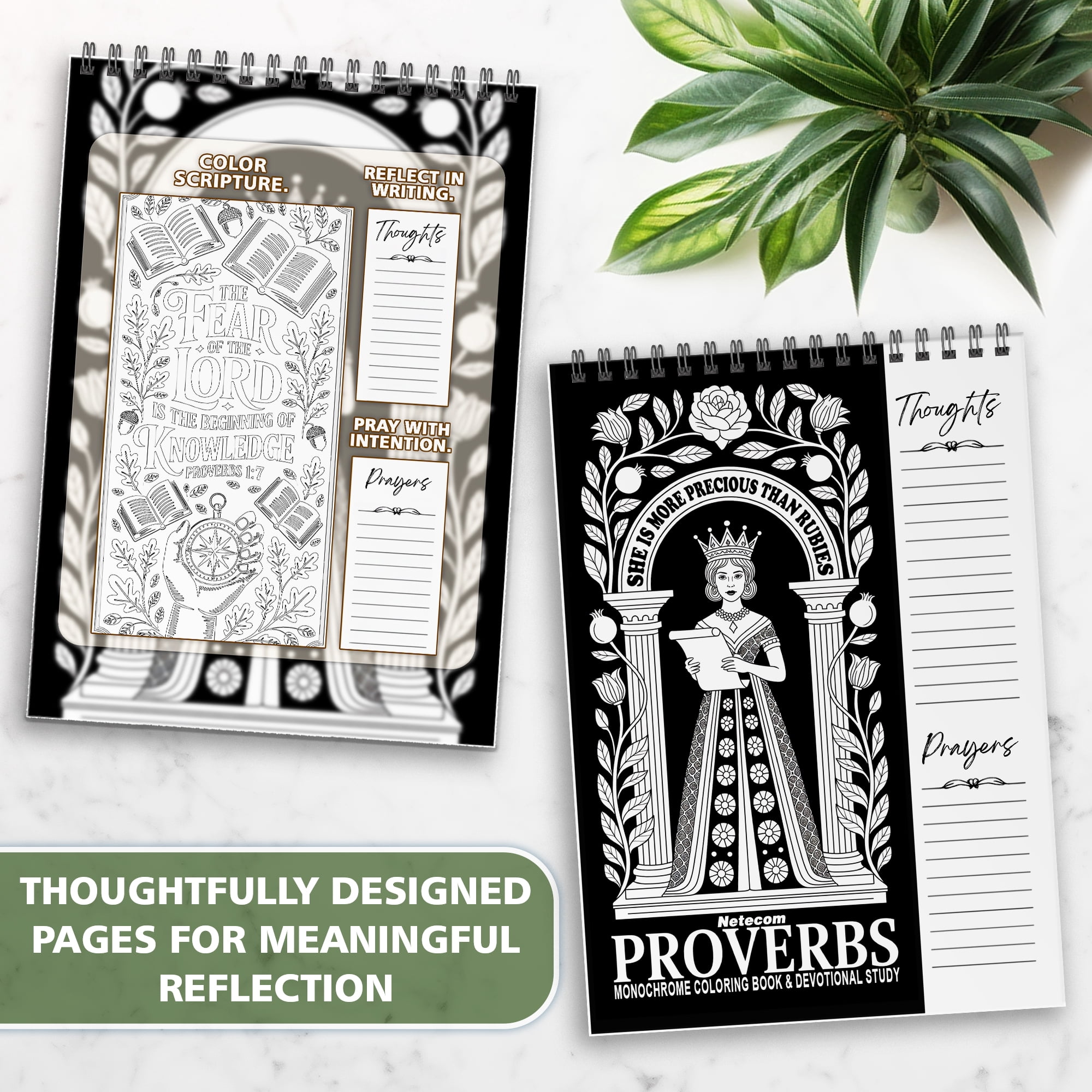 Proverbs Monochrome Coloring Book for Adults, 30 Minimalist Scripture Art Pages with Reflection & Prayer Space, Spiral Bound, A4 or A5 Softcover or Wood Cover