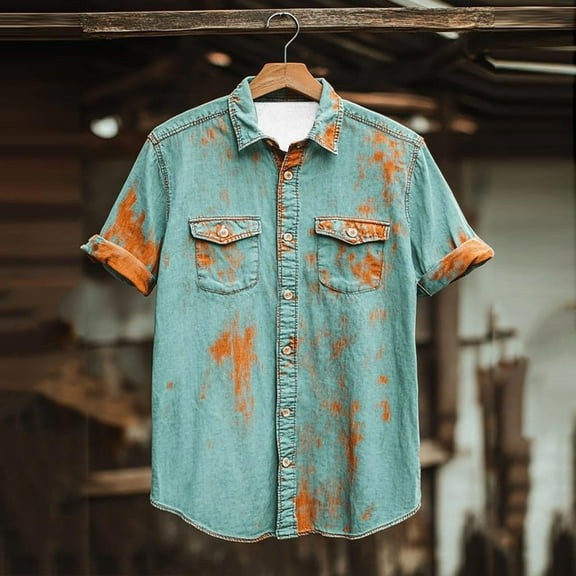 Big & Tall Shirts for Men with Pockets Short Sleeve Plus Size S-5X Tshirts Shirt Button-Down Collared Vintage Tie-Dye Lapel Cowboy T-Shirts Tops