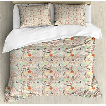 Japanese Duvet Cover Set King Size, Doodle Koi Fish Sakura Bonsai Tree and Geisha Figures Pastel Tone Complex Design, Decorative 3 Piece Bedding Set with 2 Pillow Shams, Multicolor, by Ambesonne