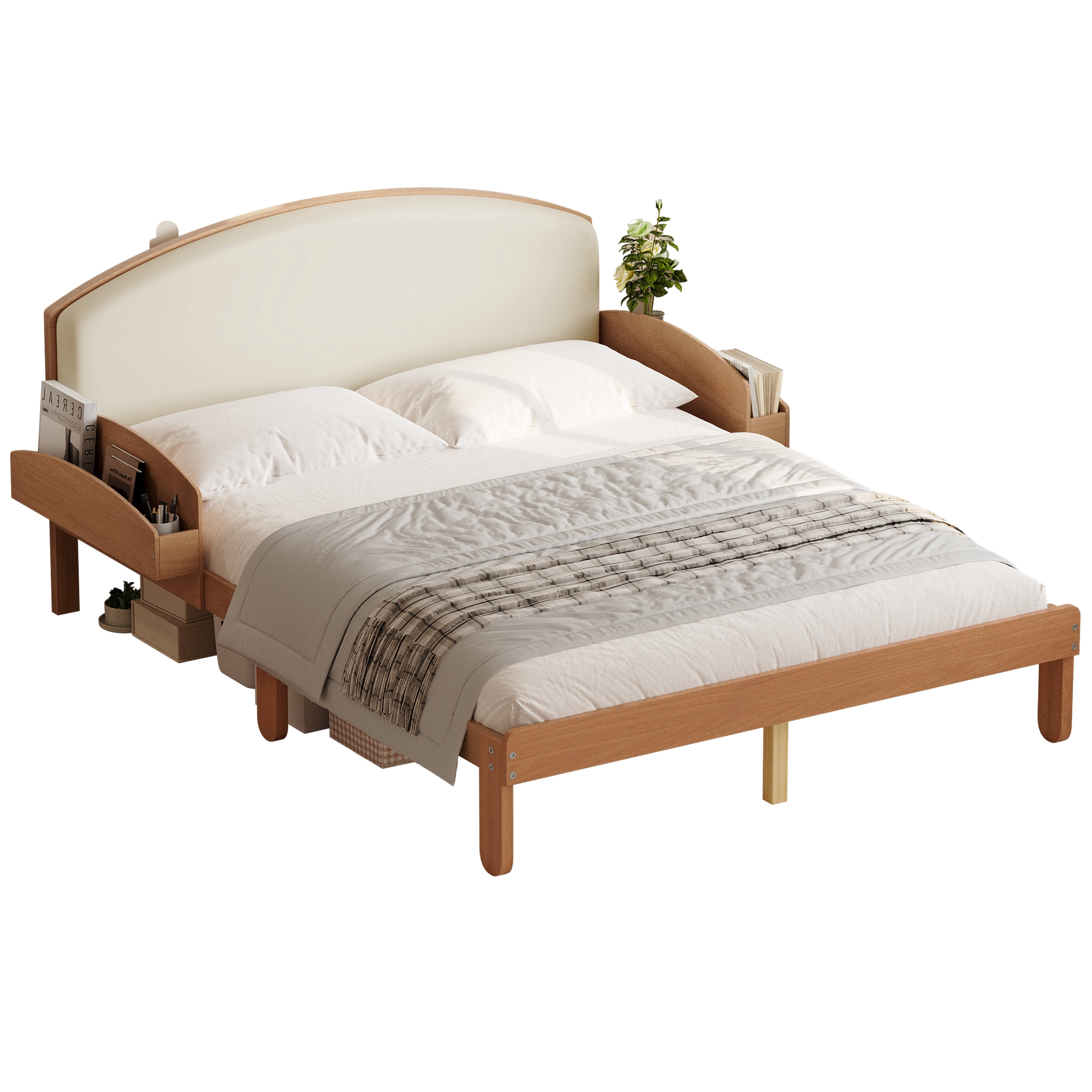 Euroco Full Size Platform Bed with Upholstery Headboard, Wood Bed Frame with Storage Shelves, No Box Spring Needed, Light Walnut