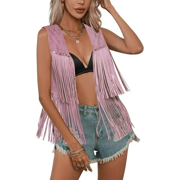 goo Womens Fringe Vest 70s Cowgirl Costume Faux Suede Rave Outfits Western Hippie Clothes S-XXXL Pink Large