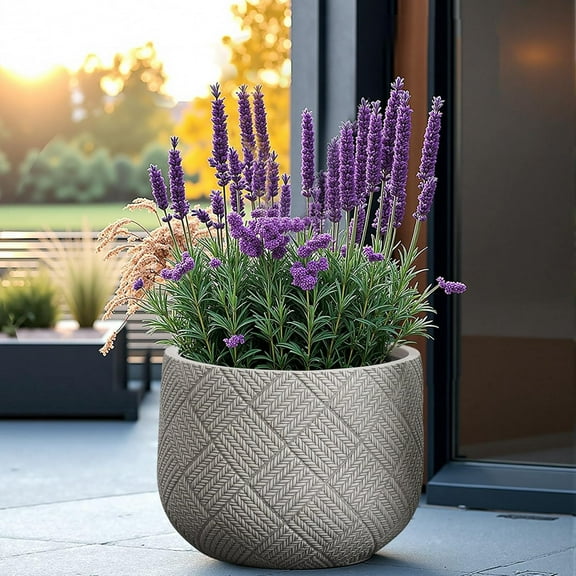 LuxenHome 17.5-Inch Dia Round Concrete Planters, Large Outdoor Indoor Decorative Pots with Drainage Holes and Rubber Plug, Modern Gray Glen Woven Pattern Flower Pot Planter for Home Garden