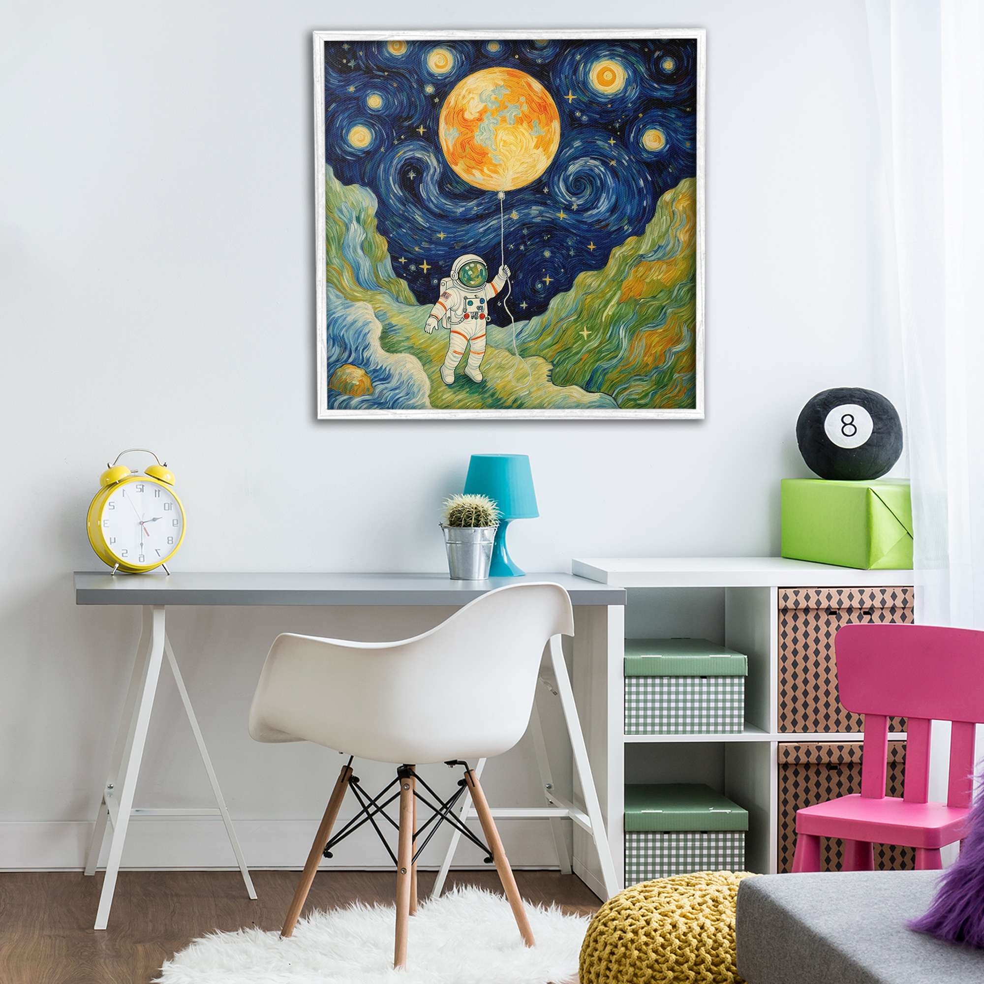 Impressionist Astronaut in Space White Framed Giclee Art, design by Angie Hawke