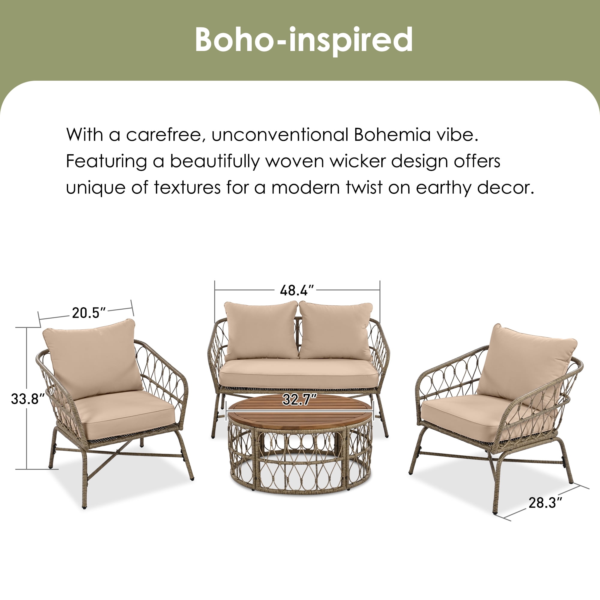 Highsound 4 Piece Patio Furniture Set, All Weather Outdoor Sectional Sofa Manual, Metal & Wicker Frame Patio Conversation Set with Coffee Table & Beige Cushions