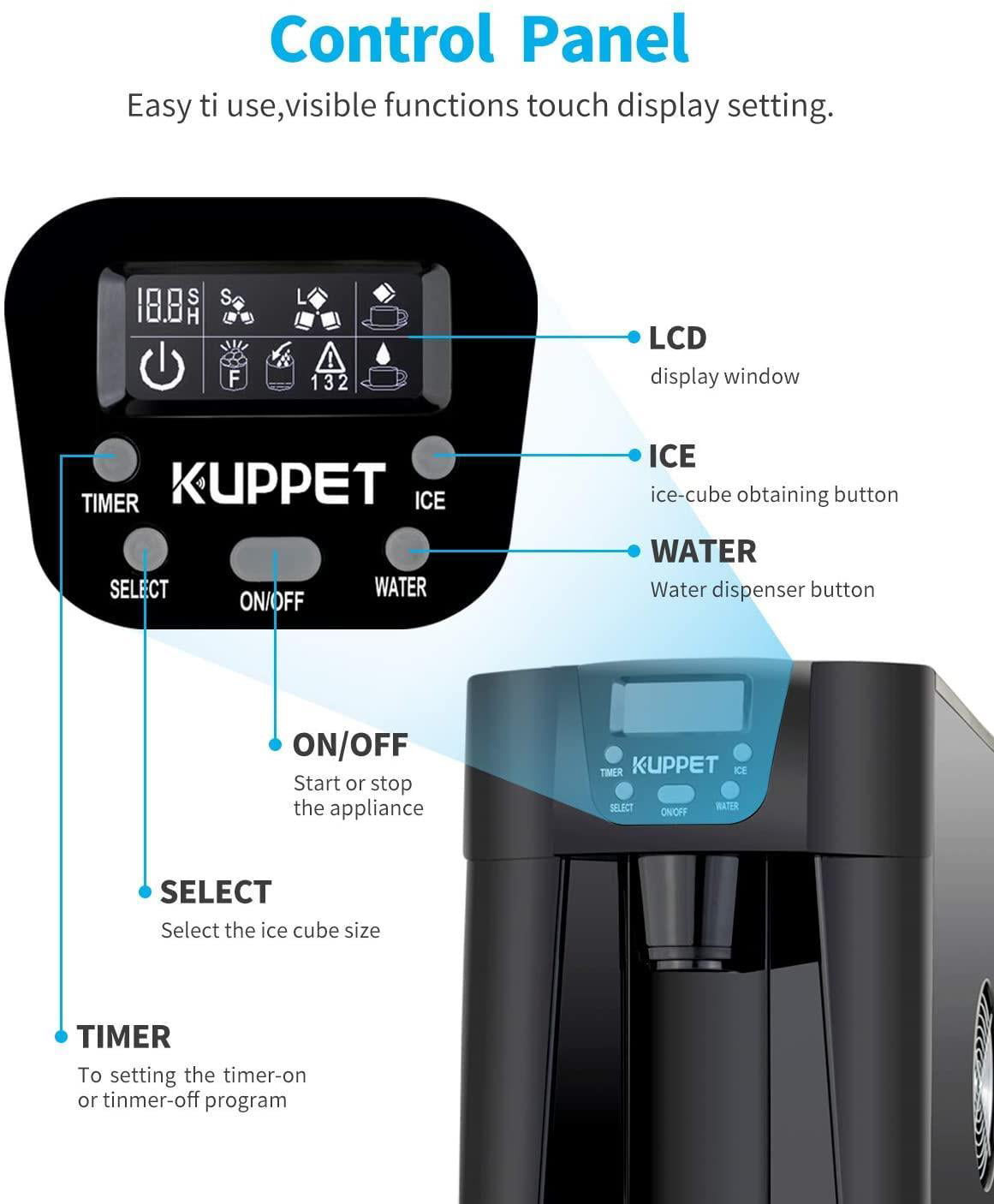 Ready in 6min Black Produces 36 lbs Ice in 24 Hours KUPPET 2 in 1 Countertop Ice Maker LED Display 