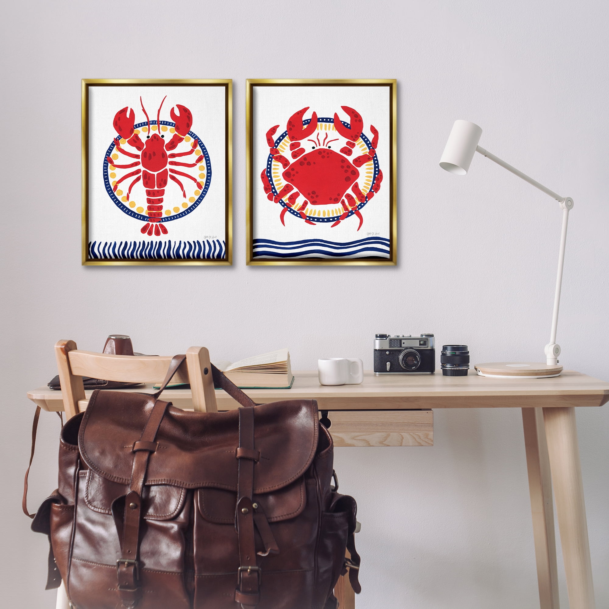 Stupell Industries Coastal Lobster & Crab Animals Painting Gold Floater Framed Canvas Art Print Wall Art, 17 x 21, Set of 2