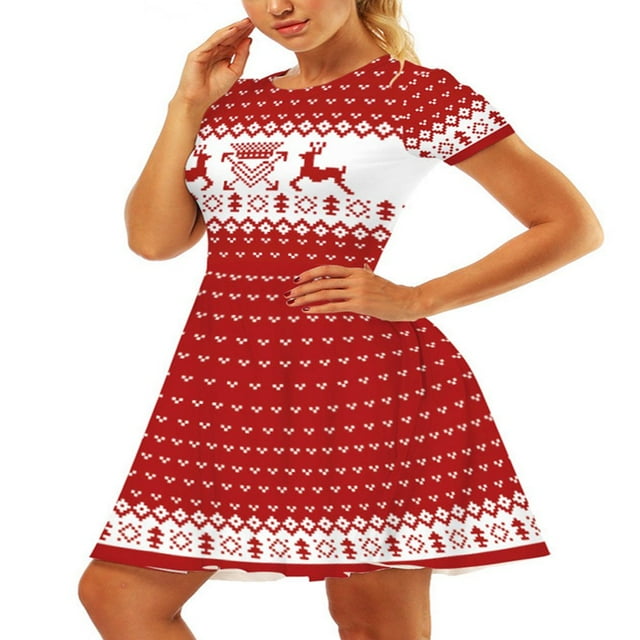 Robe de Noël pour Femmes à Manches Courtes Robe de Dessin Animé pour les Vêtements de Fête de Vacances