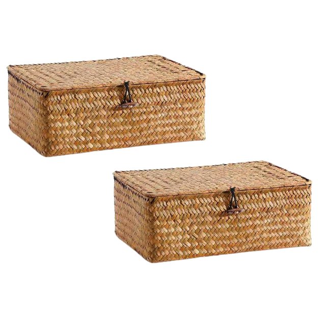 Oleegame 2PC Produce Storage Hand Woven Rattan Woven Storage Basket Woven Storage Box Desktop Organization Yellow