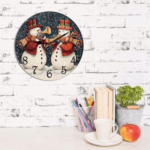 Kurmntregon Christmas Wall Clock Happy Snowmen Play Musical Winter Xmas Holiday Wooden Silent Non-Ticking Desk Clock Decorative For Living Room Home Office School Kitchen Wall Decoration Round 10"