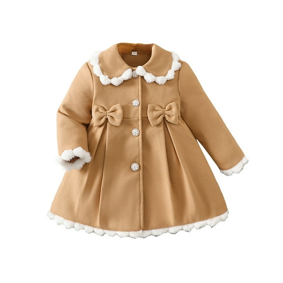 Rhuody Winter Coats For Girls Long Sleeve Elegant Bow Trim Coat Autumn Outerwear For Toddler And Warm Jacket Basic Classic Winter Outerwear Khaki 2-3 Years