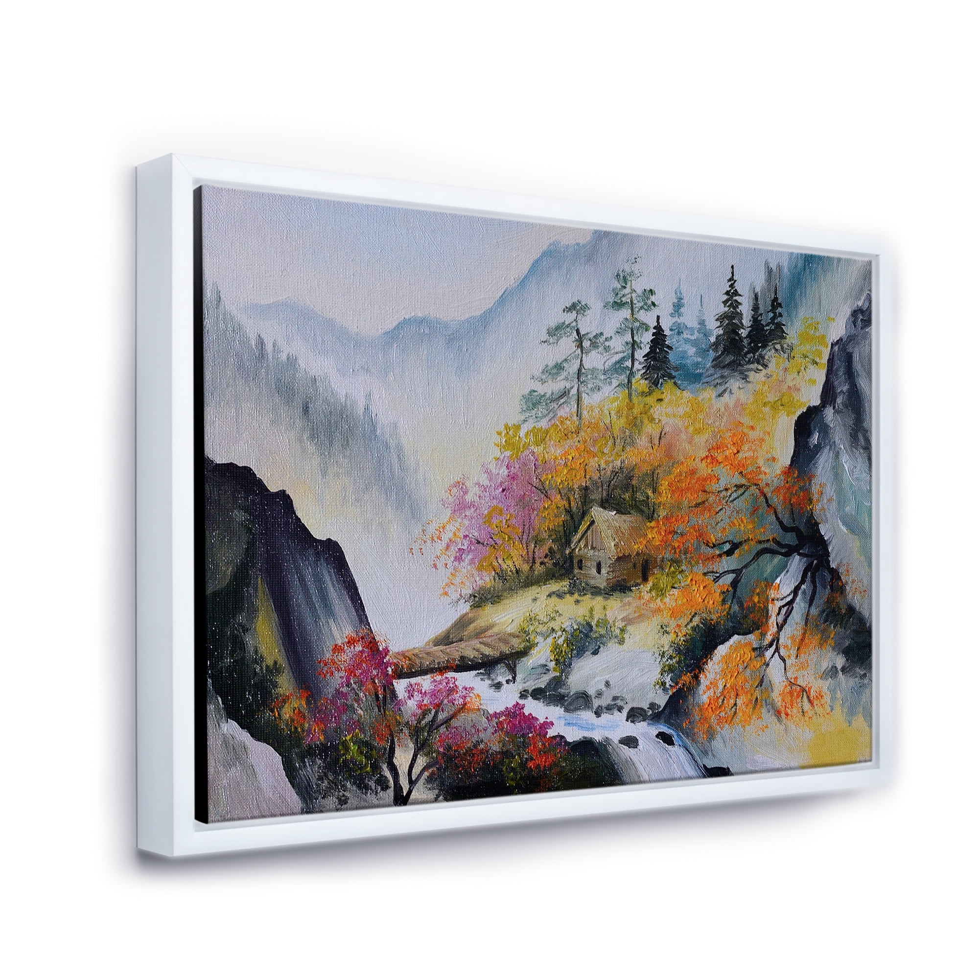 Designart 'VIbrant Mountain Landscape With Little House' Traditional Framed Canvas Wall Art Print