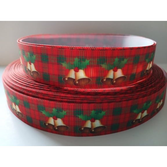 Grosgrain Ribbon Printed Christmas Bells with Holly on Red and Green Plaid, 3 Yards (9 Feet) 7/8 Inch Wide
