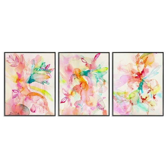 Stupell Industries Abstract Florals & Paint Drip Abstract Painting Black Framed Art Print Wall Art, 11 x 14, Set of 3