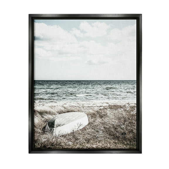 Stupell Industries Boat on Beach Coast Nature Photography Black Floater Framed Art Print Wall Art, 17 x 21