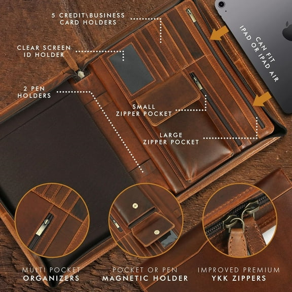 Leather Portfolio Folder Padfolio (Antique, Letter Zippered)