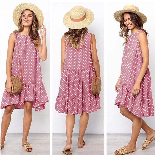 FcBaudy Robe Sans Manches Col Rond, Robes d'Été pour Femmes, Robes Mode Col Rond Sans Manches à Pois Ample Grande Robe à Volants pour Femmes