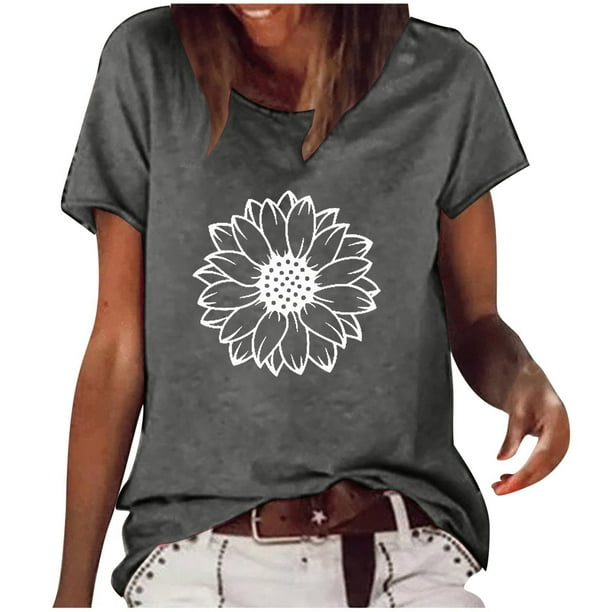 Moda Mujer Causal Daisy Cuello redondo Blusa estampada Camiseta de manga corta Tops de verano Pompotops hkajfhjk461249