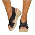 thumbnail image 2 of Women's Wedge Sandals, Peep-Toe Espadrille Style with Linen Wrap Wedge Heel, Summer Dressy Sandals for Wedding & Party Black 37, 2 of 6