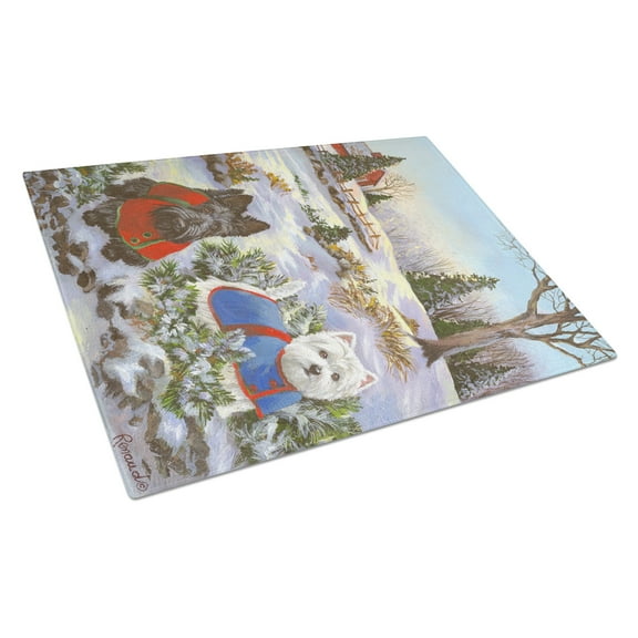 Scottie and Westie Christmas Pine Hill Glass Cutting Board Large