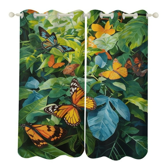 Green Leaf Jungle Animals Curtains Aesthetic Envrionmental Friendly Picture, Living Room Bedroom Window Drapes 2 Panel Set