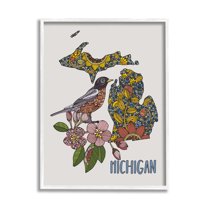 Stupell Industries Detailed Michigan State Robin Bird & Flower Patterns Graphic Art White Framed Art Print Wall Art, Design by Valentina Harper