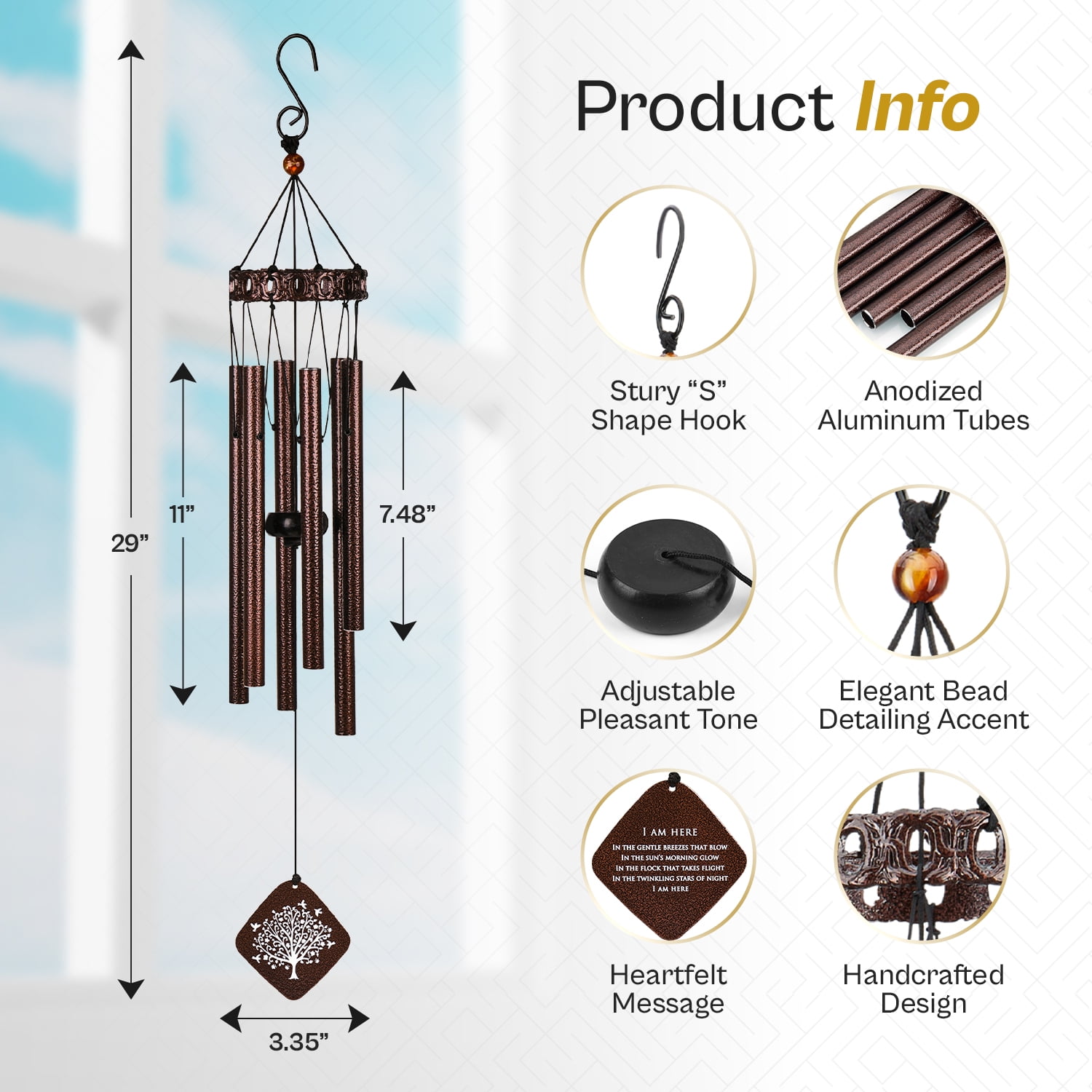 Solsken Home 29 Inch Bronze Aluminum Sympathy Wind Chimes, Gentle Relaxing Tones
