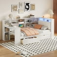 thumbnail image 4 of Wood Twin Size Platform Bed with Storage Shelves, Drawers, Charging Station, LED, Desk and Upholstered Headboard, White+Beige Cushion, 4 of 10
