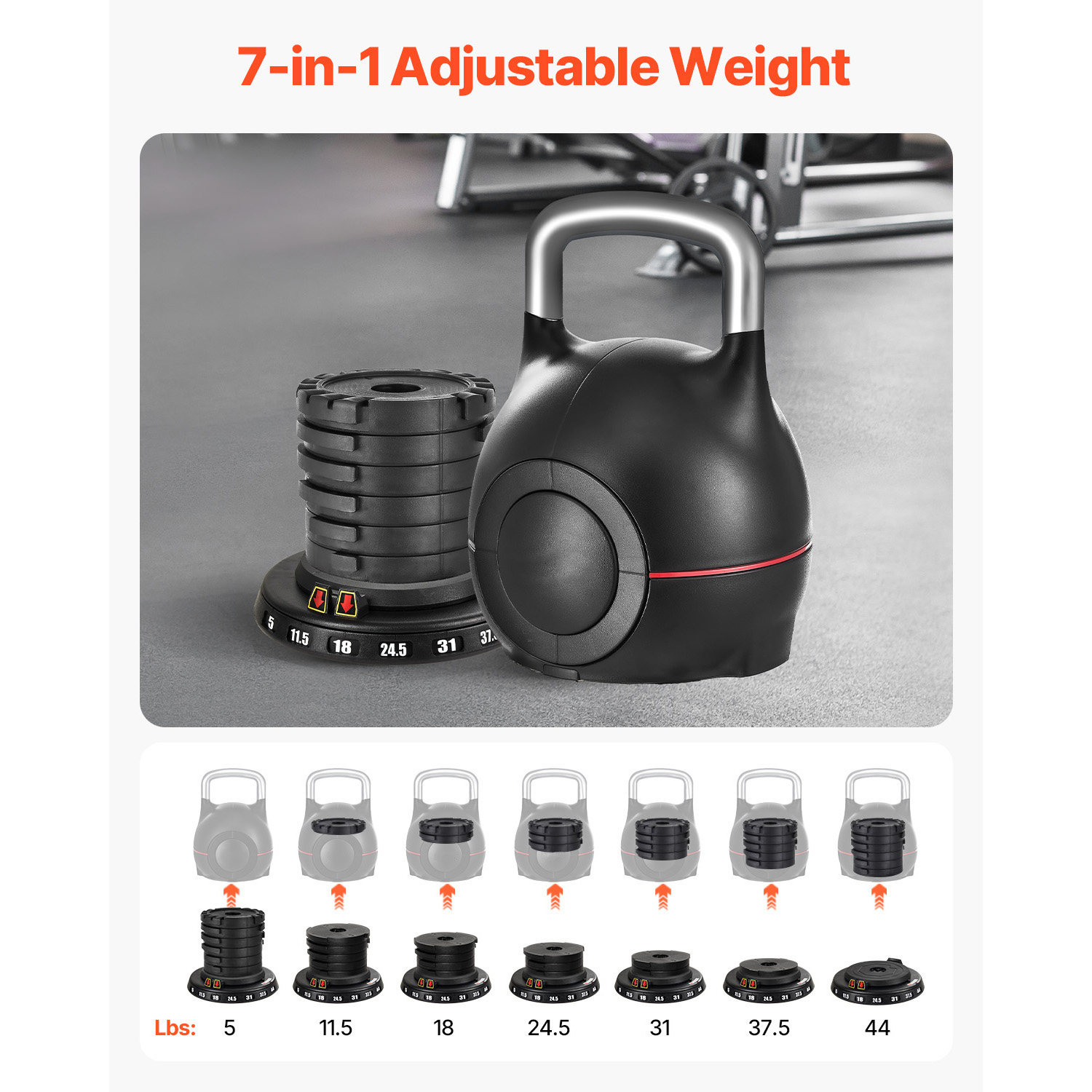 VEVOR Kettlebell, Adjustable Kettlebell with 7 Weight Levels (5, 11.5, 18, 24.5, 31, 37.5, 44 lbs), Die-Cast Aluminum and ABS Material, for Grip Strength Training, Full-body Workout & Cross-Training