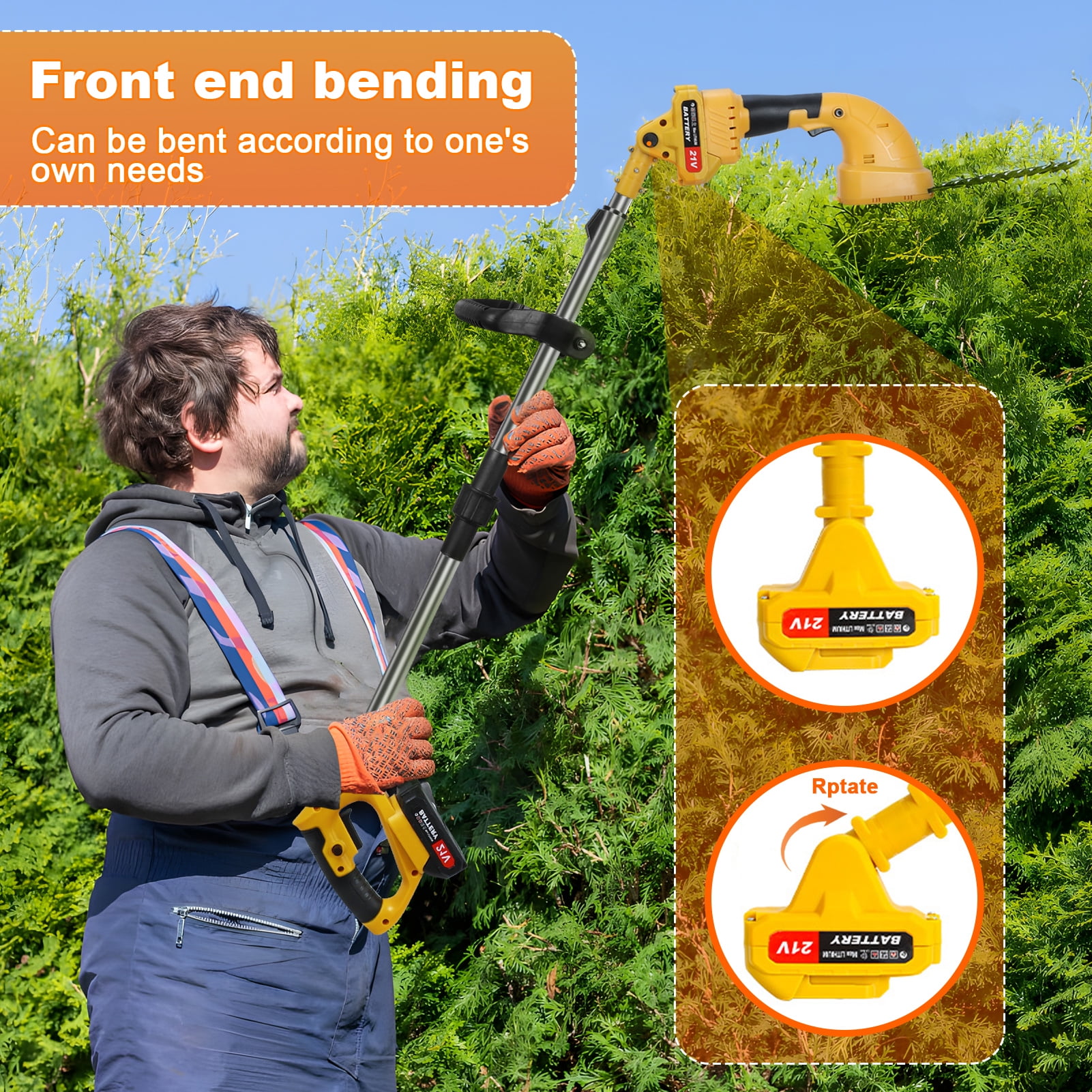 Thehsnt 21V Pole Hedge Trimmer, 2 in 1 Pole Mini Hedge Trimmer & Grass Shear, Electric Hedge Trimmer with Extension Pole, Cordless Hedge Trimmer with Battery And Charger