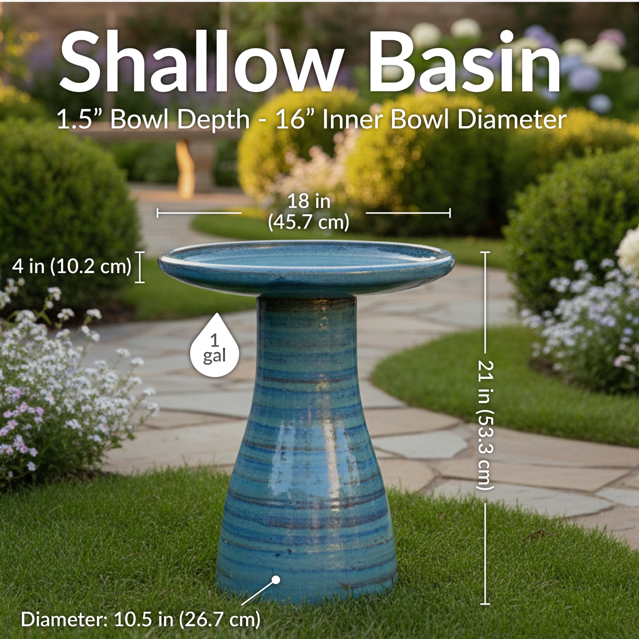 Sunnydaze Freestanding Ceramic Outdoor Bird Bath, Glazed, UV-Resistant Cloud Swirl Finish