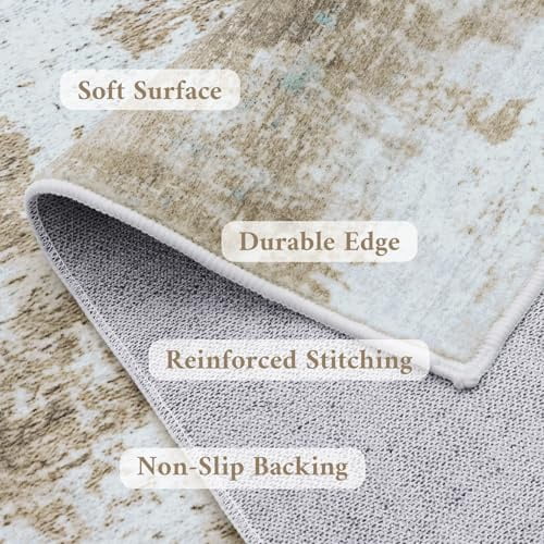 Buganda Area Rug for Living Room 5'X7', Washable Artificial Wool Area Rug, Low Pile Non-Slip Carpet for Bedroom Office Dining Room, Beige