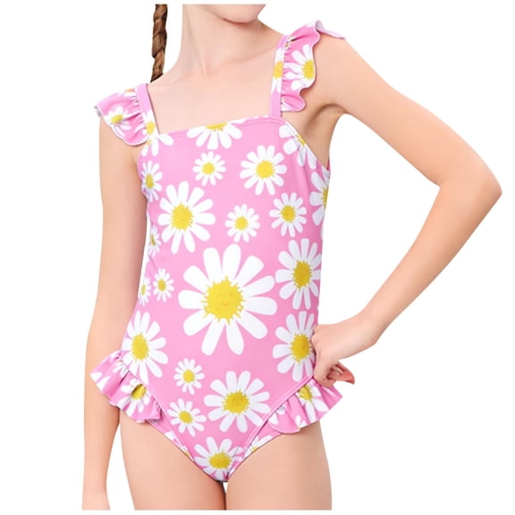 Hellosay Toddler Girl One Piece Swimsuit Cute Ruffle Straps One Piece Floral Bathing suit Vacation Swimwear Pink 2-3T